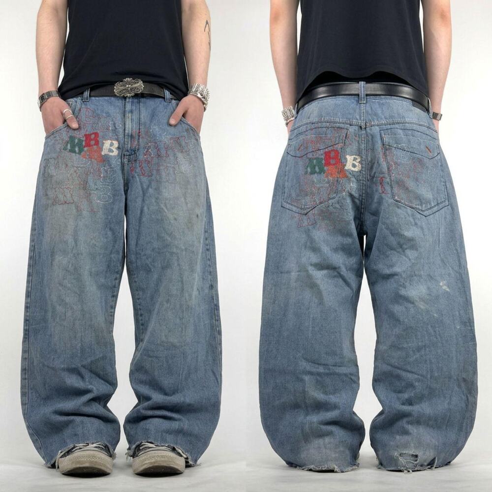 Vintage y2k rare embroidered stonewash grunge baggy wide leg jeans - Picture 1 of 7